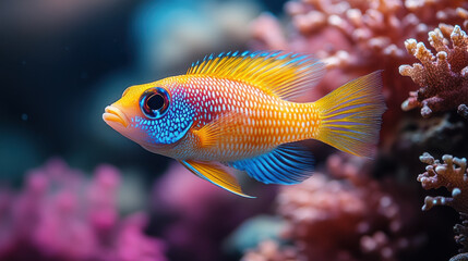 Obraz premium vibrant tropical fish swimming gracefully among colorful coral reefs, showcasing its bright colors and intricate patterns. underwater scene is lively and captivating
