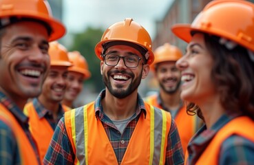 Happy diverse construction workers laugh together outdoors. Team enjoys teamwork at construction site. Workers wear safety gear. Positive work atmosphere. Pro builders. Happy professionals work