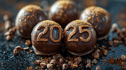 Luxurious dark chocolate spheres adorned with the numbers 2025, scattered on a dark surface with cocoa nibs. A festive and delicious New Year's treat.