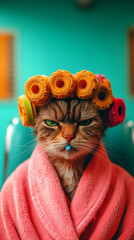 Fototapeta premium Angry cat in a pink bathrobe wears curlers and shows its displeasure in a bright room setting