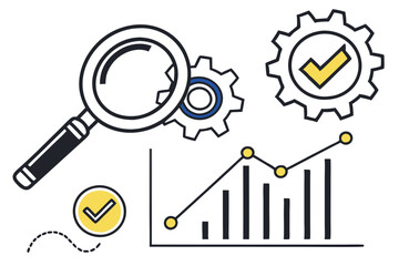 Icon set, analytics report, magnifying glass, gear with checkmark, line graph, bar chart, data visualization, business intelligence, vector graphics, flat design, blue and yellow accents, black outlin