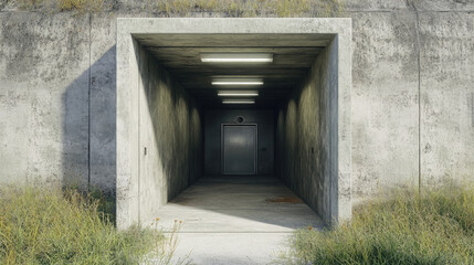 Obraz premium entrance to a modern concrete bomb shelter, military building, hideout