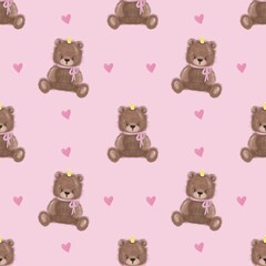 Seamless pattern with teddy bears ,baby girl newborn background. 
