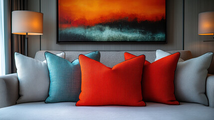 Luxurious hotel room featuring decorative pillows in vibrant colors, creating cozy and inviting atmosphere. artwork above adds modern touch to elegant decor