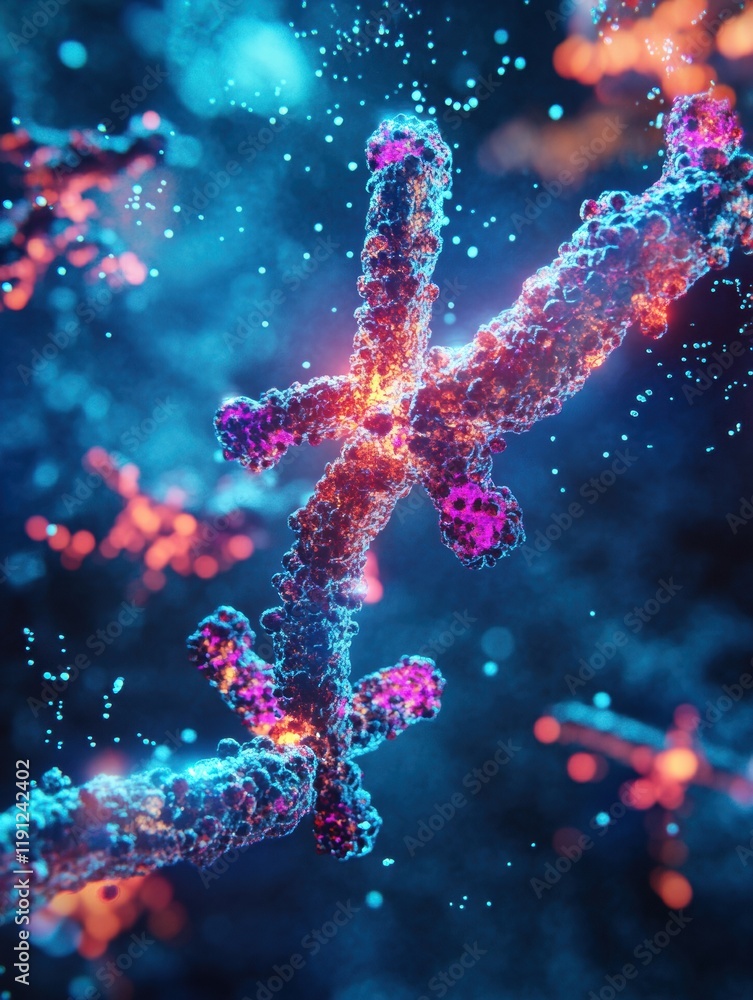 Poster visualized antibodies attacking glowing viruses in a vibrant microscopic environment. generative ai