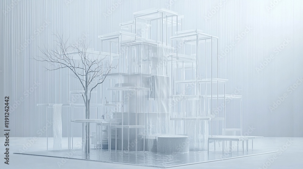 Poster abstract white architectural model with tree.