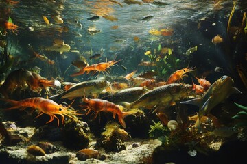 Underwater cleaning station with diverse fish shrimp and reef ecosystem