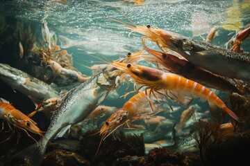 Underwater cleaning station with diverse fish shrimp and reef ecosystem