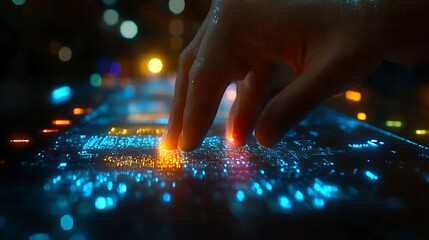 Hand interacting with futuristic glowing interface.