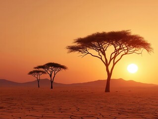 Detailed depiction of an arid savanna under blazing sunlight with wilted vegetation, African heatwave, symbolic art