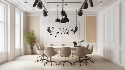 Meeting room with hanging music notes, lights, and table. Use as a presentation or creative space
