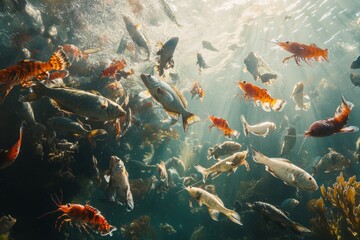 Underwater cleaning station with diverse fish shrimp and reef ecosystem