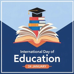 International Day of Education Poster Featuring Open Book, Graduation Cap, and Stack of Colorful Books on Blue Background - Celebrating January 24th
