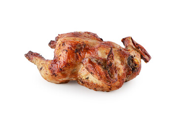 Grilled chicken delicious ready to eat served on a aluminium foil isolated on white background with clipping path, Baked whole chicken, fried chicken in any kitchen, Chick meat prepared at grill.