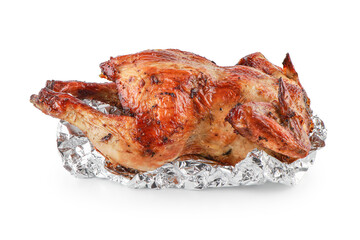 Grilled chicken delicious ready to eat served on a aluminium foil isolated on white background with clipping path, Baked whole chicken, fried chicken in any kitchen, Chick meat prepared at grill.