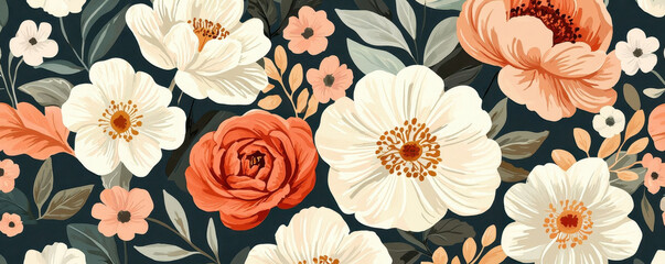 vibrant floral pattern with orange and white flowers on dark background