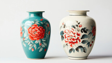 Two elegant ceramic vases with vibrant floral patterns on neutral background
