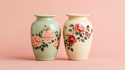 Two elegant ceramic vases with floral patterns on soft pink background