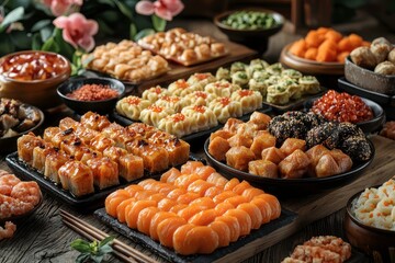 Assorted Traditional Asian Cuisine Including Sushi, Dumplings, and Spring Rolls on Wooden Table Surrounded by Greenery and Flowers