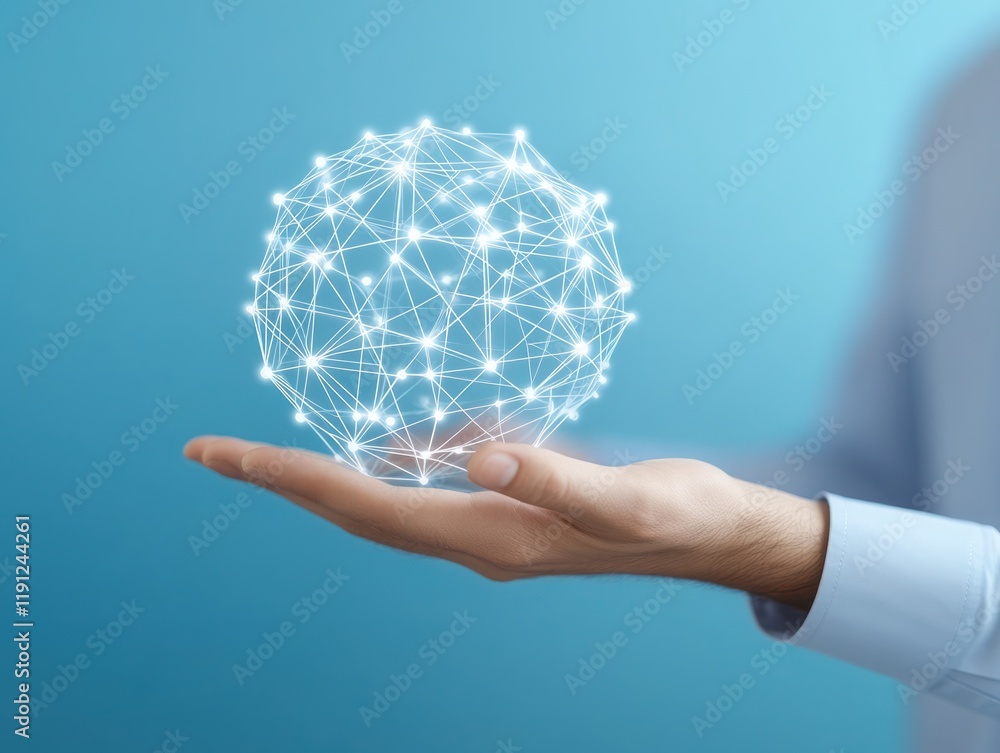 Aufkleber hand holding a digital sphere with interconnected lines and points representing technology, connecti