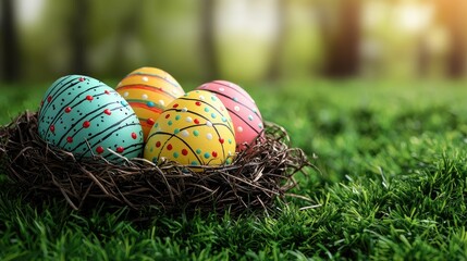 Fototapeta premium Decorated Easter eggs nestled in a grass nest