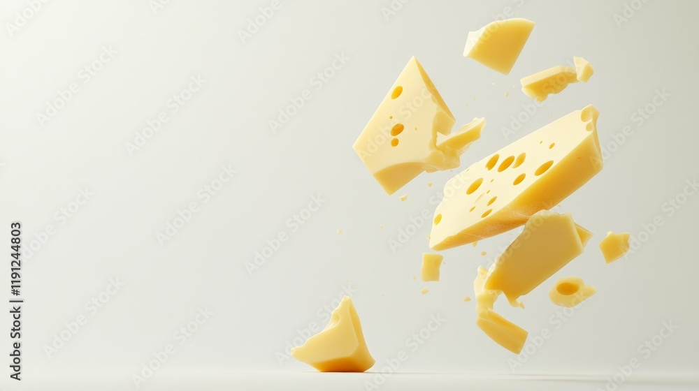 Poster Many pieces of delicious swiss cheese with holes are levitating on a minimalist white background, creating a visually appealing and dynamic composition