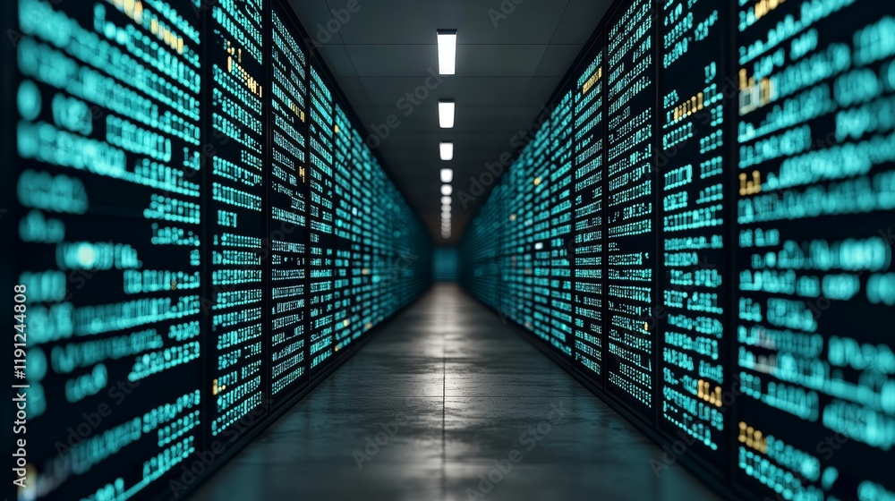 Aufkleber data processing in the cloud visualized with digital panels and light