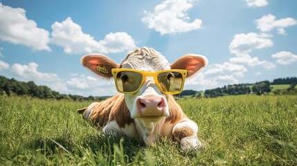 "Cheerful Brown Bull Relaxing in the Meadow with Sunglasses"