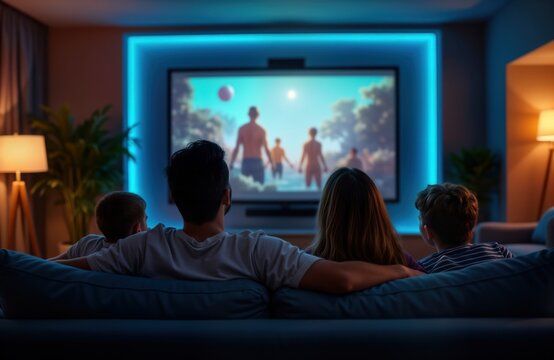 Family relax in home theater watching movie. Parents and children sit on sofa. Enjoying entertainment together. Evening scene. Modern interior design. Home leisure activity.