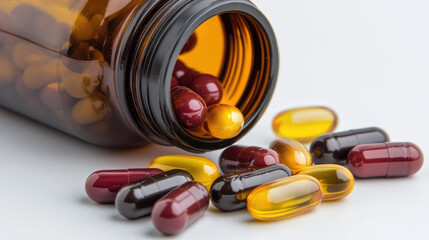 Close up assorted colorful pills and capsules spilled from an bottle, showcasing various medications and supplements.