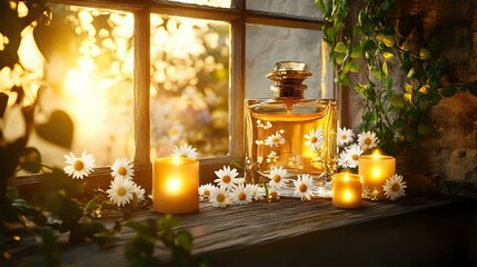 A refined perfume bottle with delicate daisies and softly glowing candles on a rustic windowsill, framed by ivy and golden sunlight