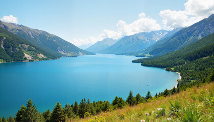 Breathtaking mountain lake scenery under clear blue sky, nature's beauty