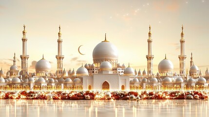 Naklejka premium Glowing Mosque Scene for Ramadan Celebration with Crescent Moon