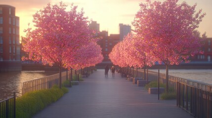 Serene walkway lined with blooming cherry trees at sunset.