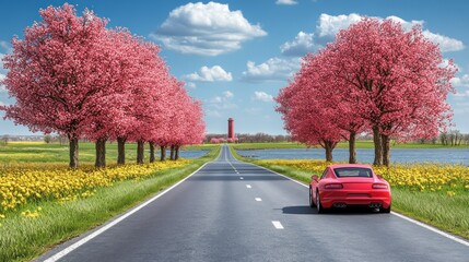 Fototapeta premium A scenic road lined with pink trees and a red car.