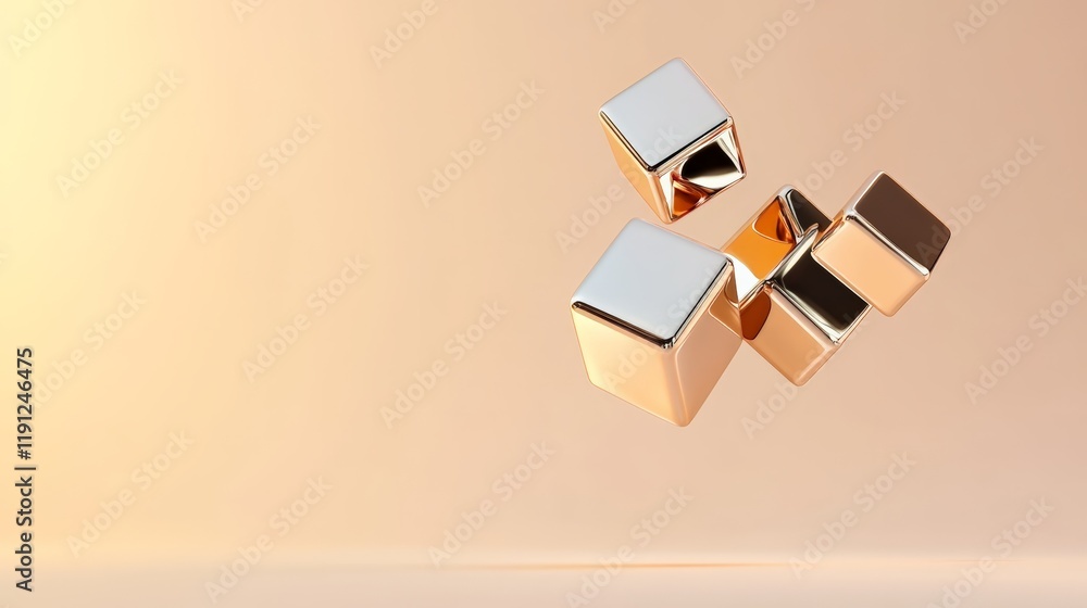 Poster silver and gold metallic cubes are levitating, creating an abstract design against a soft pastel bac