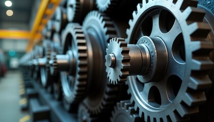 Close-up view of complex industrial machinery gears. Metal gears mesh precisely. Heavy duty machinery in action. Precise mechanical engineering. Robust industrial metalwork. Steel production