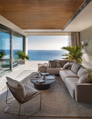 Obraz premium Generated image A modern luxury Mediterranean living room with a concrete wall backdrop and a stunning view