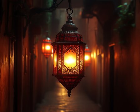 Illuminated Moroccan lantern hanging in a dimly lit alleyway.