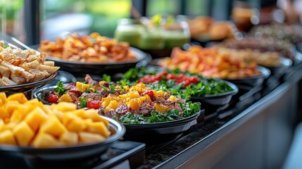 Delicious Buffet Food Display Featuring Various Salads and Sides