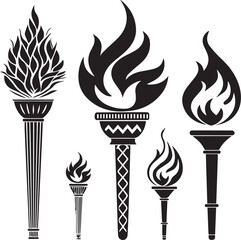 A set of black silhouette icons of different types of fire flames 