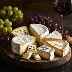 Assortment of cheeses and grapes, perfect for a wine pairing. Creamy camembert, sharp blue cheese, and ripe fruit create a delicious spread.