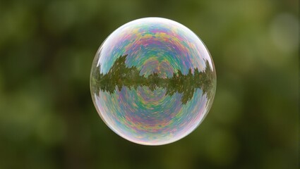 Shimmering soap bubble with swirling pink green and blue rainbows on blurred background