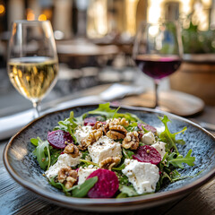 Arugula salad with goat cheese, roasted beets, and walnuts. Perfect for a light lunch or dinner.