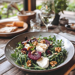 Roasted beet and goat cheese salad with walnuts. A delicious and healthy meal option, perfect for a light lunch or dinner.