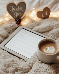 A tablet and a cup of coffee are on a blanket