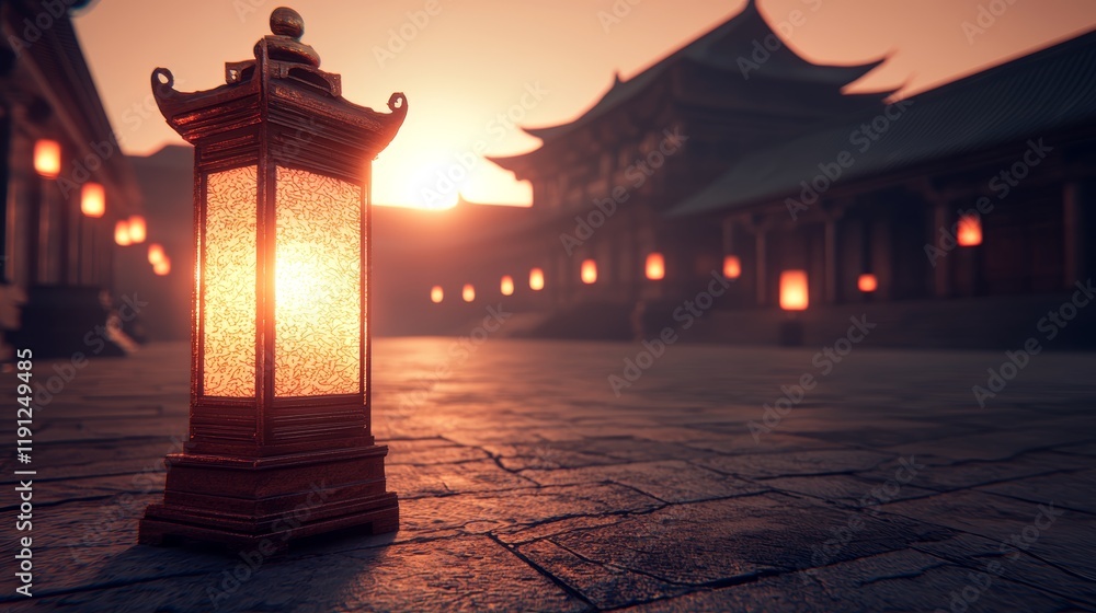 Poster glowing lantern at iftar setup with traditional architecture background