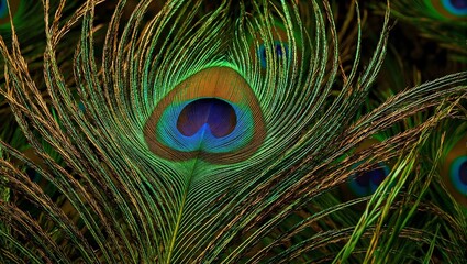 Fototapeta premium Vibrant peacock feather with detailed electric blue emerald green and golden yellow hues shimmering under soft light