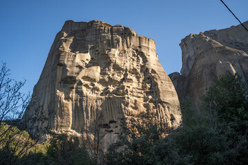 Early morning view during sunrise of the rock formation complex The Rocks of Agia in Kalambaka, Meteora, Thessaly, Greece, Europe.