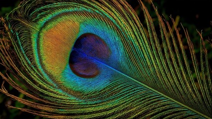 Obraz premium Vibrant peacock feather with detailed electric blue emerald green and golden yellow hues shimmering under soft light